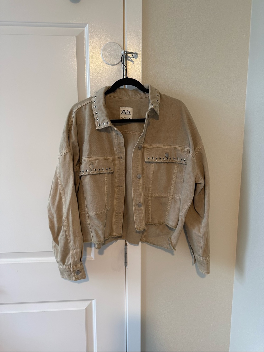 ZARA Tan Stud-Embellished Cropped Jean Jacket